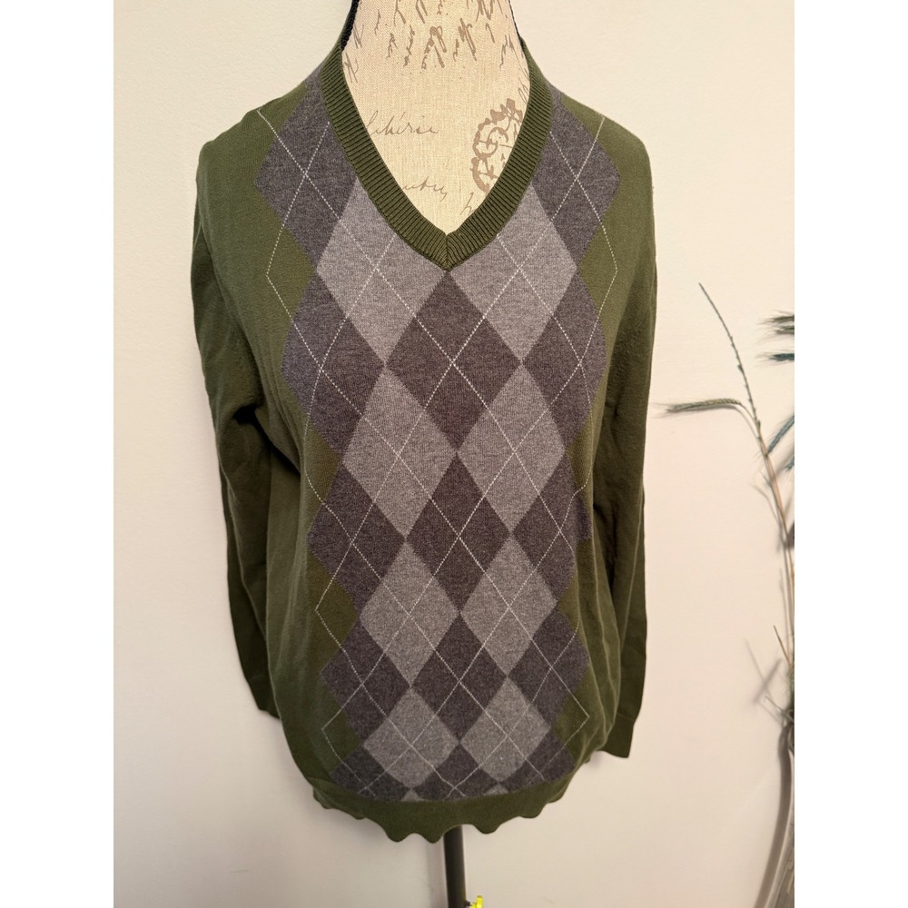 Claiborne Mens Green Argyle V‎ Neck Sweater Medium 100 Percent Cotton